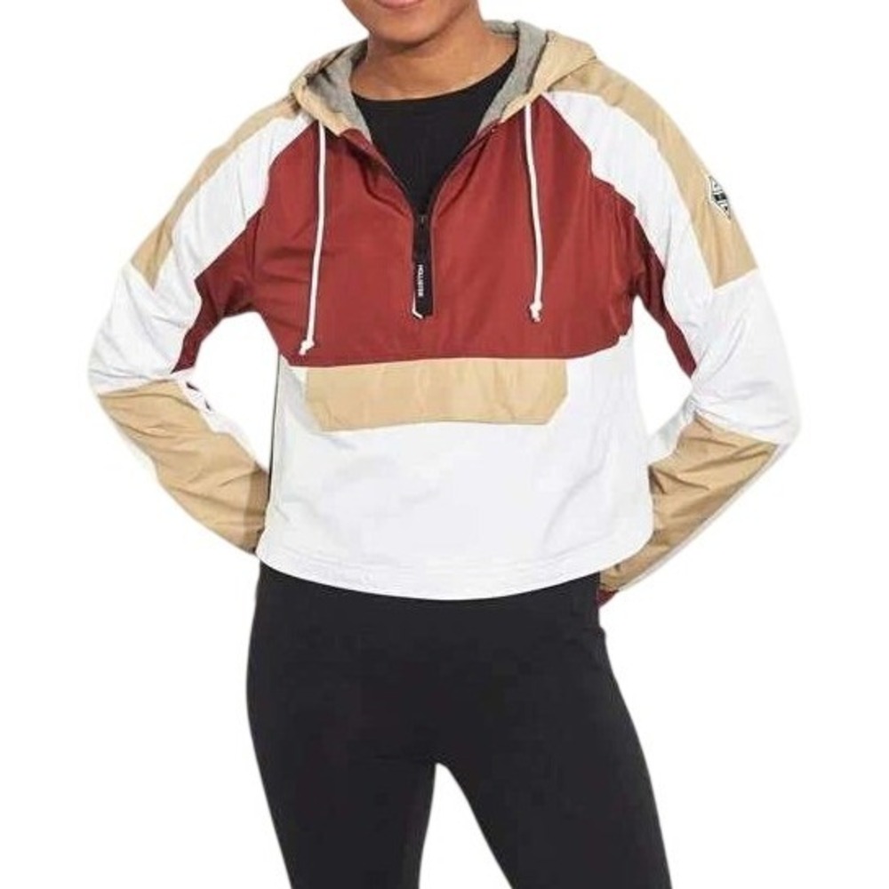 Hollister Tan Maroon Colorblock Half Zip Windbreaker Jacket size XS